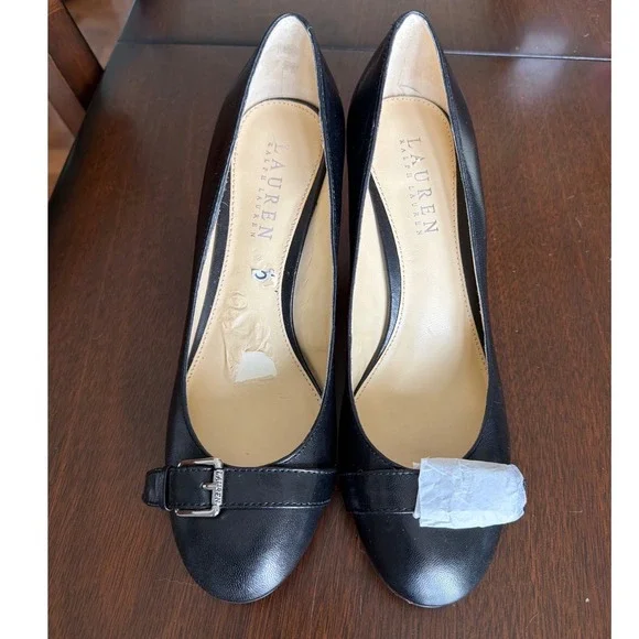 Lauren Ralph Lauren Black Leather Block Heel Pumps Buckle Womens 6.5 New w Flaws - Picture 6 of 9